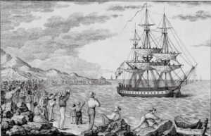 El María Pita, navío fletado para la expedición, partiendo del puerto de La Coruña en 1803 (grabado de Francisco Pérez).