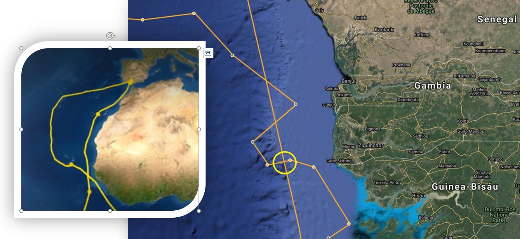 punto de intersección de las trayectorias de ida y vuelta
